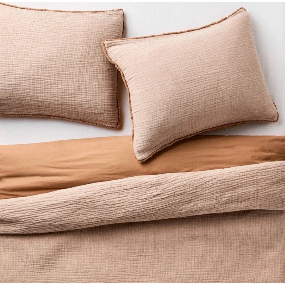 Full/Queen Textured Chambray Cotton Duvet & Sham Set Warm Brown - Casaluna NEW